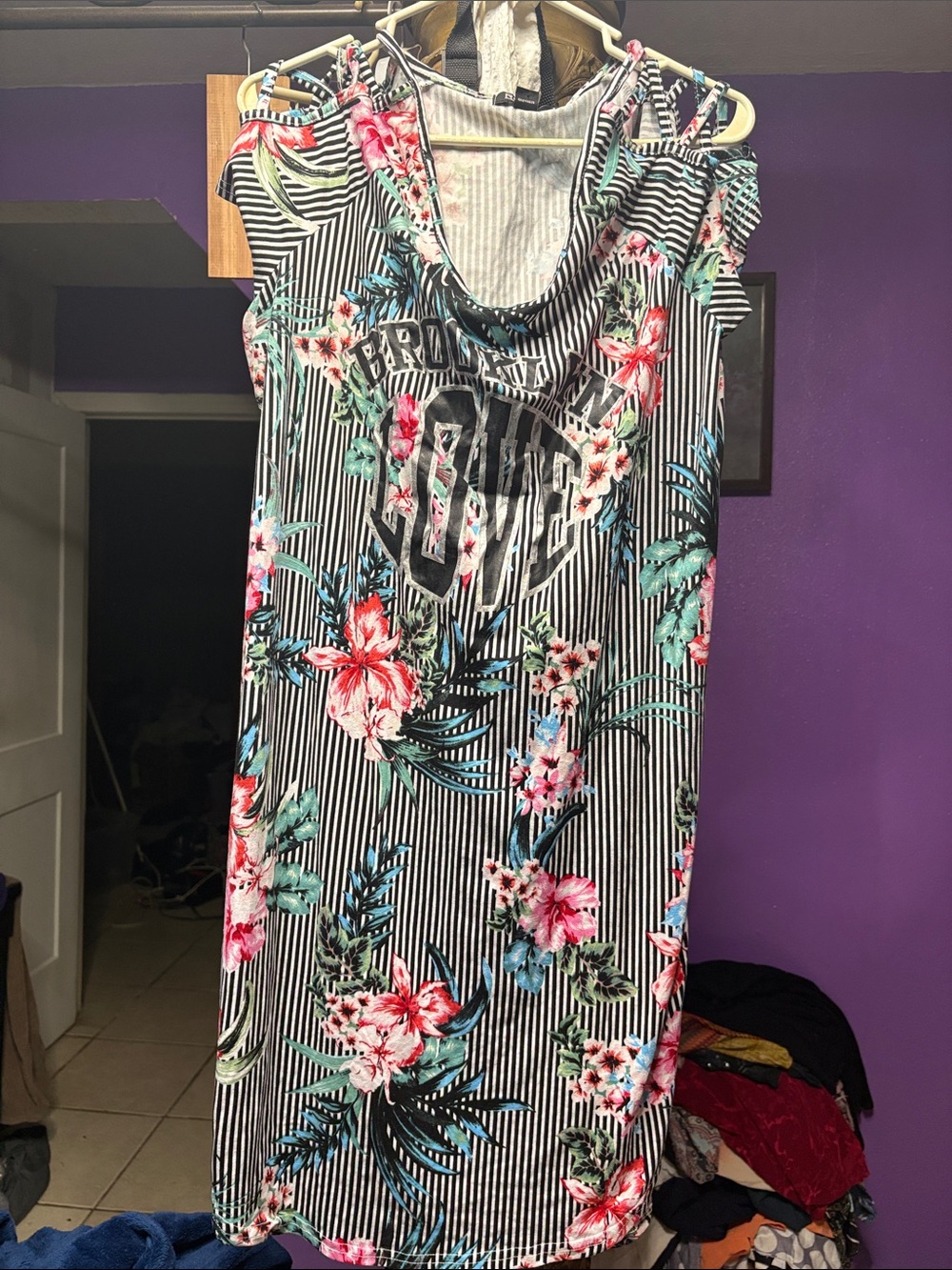 Rouge Helium Black & White Striped Midi Dress with Pink & Teal Floral